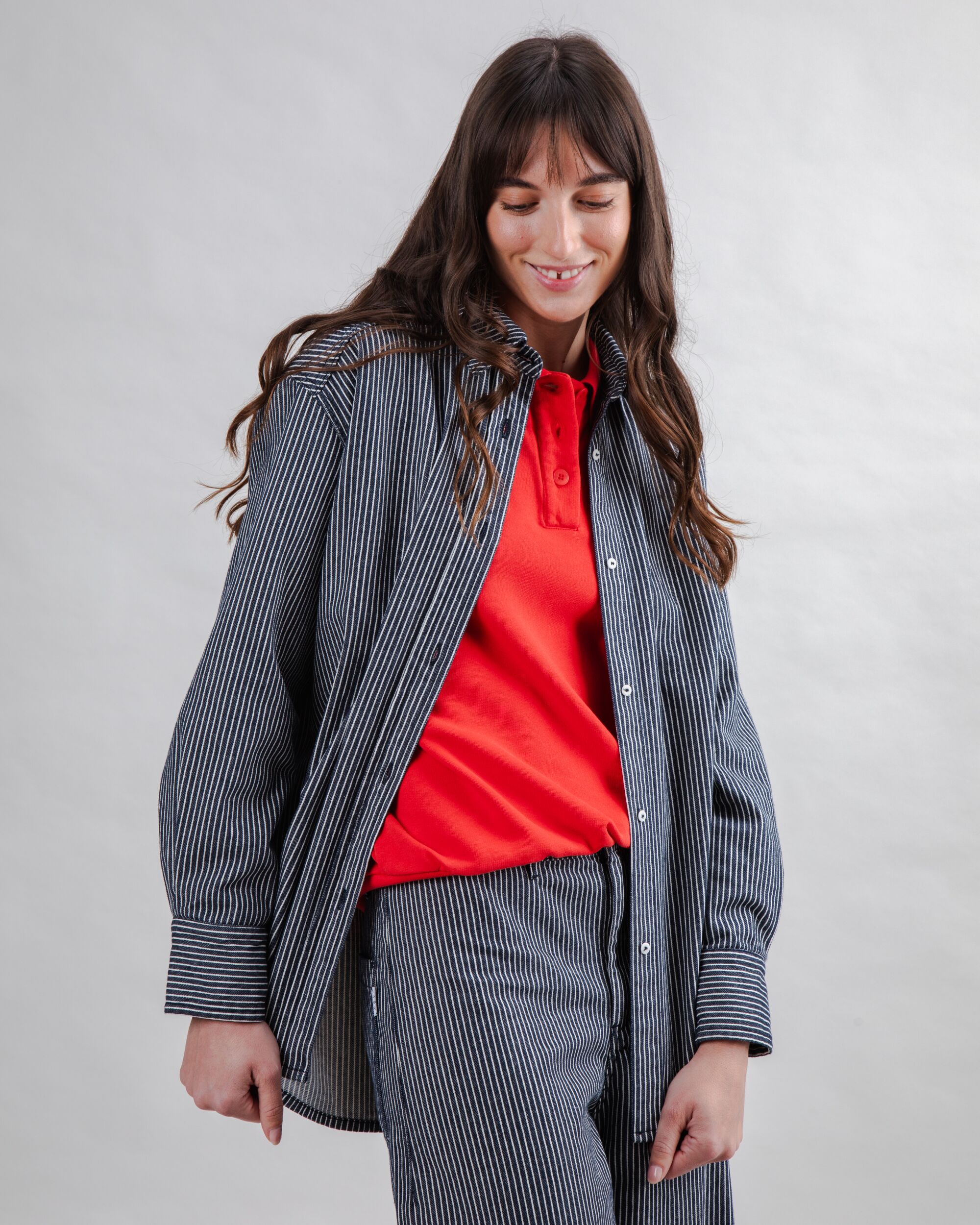 Striped Denim Long Overshirt