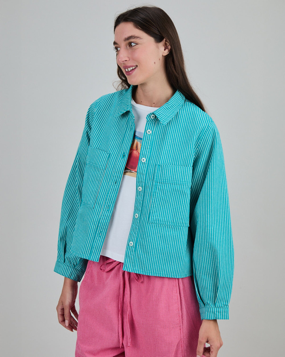 Denim Stripes Cropped Overshirt Green