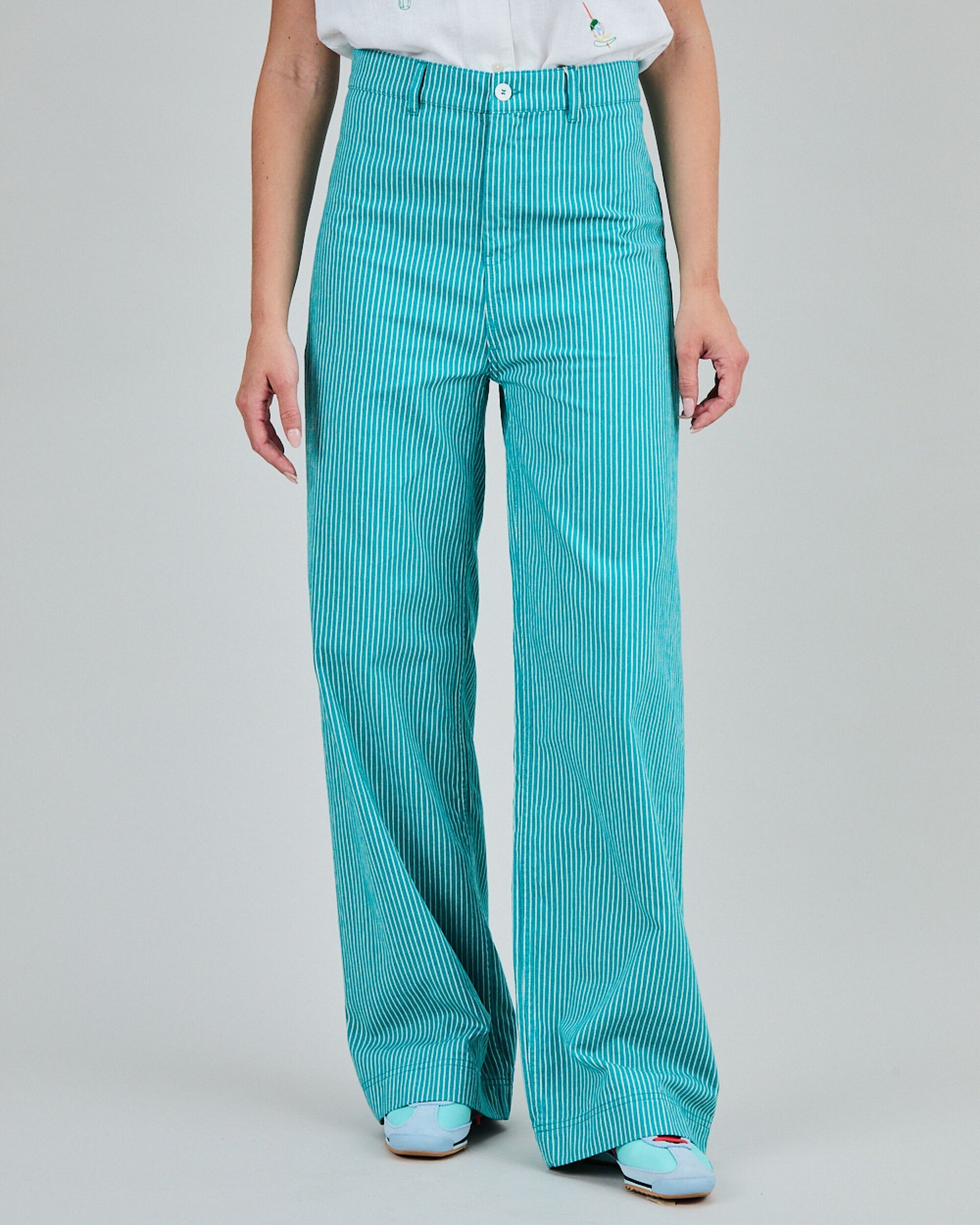 Denim Stripes Straight Leg Pants Green